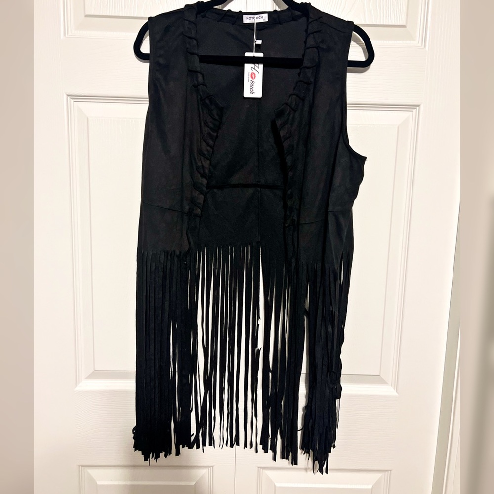 Black Fringed vest faux velvet XXL